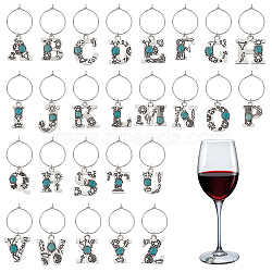 Brass Wine Glass Charms, with  Letter Alloy with Synthetic Turquoise Charms, Antique Silver, 60mm, 26pcs/set(AJEW-GA00015)