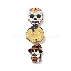 Halloween Theme Wood Big Pendants, Printed Wooden Tassel Charms, with Iron Findings, Skull, 64x20x3mm, Hole: 1.4mm(WOOD-Z004-09C)