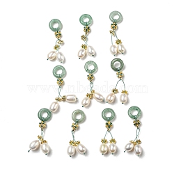 Natural Green Aventurine Donut Pendants, Brass Flower Charms with Natural Freshwater Pearl Tassel, Real 14K Gold Plated, 44mm, Donut: 12x3.5mm, Hole: 6mm(SSHEL-R050-05G)