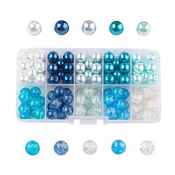 Carribean Blue Mix Baking Painted Crackle Glass & Glass Pearl Bead Sets, Round, Mixed Color, 10mm, Hole: 1.3~1.6mm, 100pcs/box(HY-X0009-10mm-03)