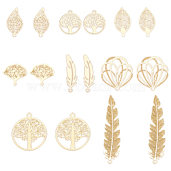 ARRICRAFT 32Pcs 8 Styles Rack Plating 201 & 304 Stainless Steel Filigree Pendants, Etched Metal Embellishments, Mixed Shapes, Real 18K Gold Plated, 14.5~41.5x6~20x0.4mm, Hole: 1.2mm, 4pcs/style(STAS-AR0002-12)