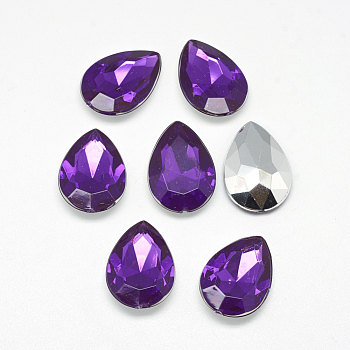 Acrylic Rhinestone Pointed Back Cabochons, Faceted, Bottom Silver Plated, teardrop, Dark Violet, 18x13x4.5~4.8mm