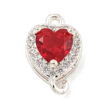 Brass Pave Cubic Zirconia Connector Charms, Heart Links, Silver Color Plated, Red, 15x9x6mm, Hole: 1.2mm