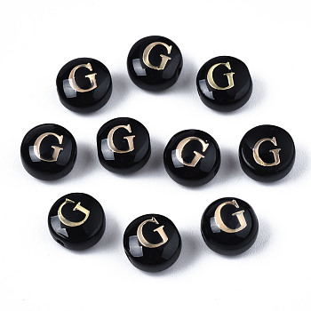 Handmade Lampwork Beads, with Golden Plated Brass Etched Metal Embellishments, Flat Round with Alphabet, Letter.G, 8x5mm, Hole: 0.8mm
