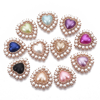 Alloy Flat Back Cabochons, with ABS Plastic Imitation Pearl Beads, Rose Gold, Heart, Mixed Color, 29x27x8mm