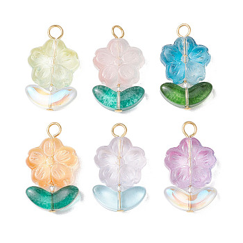 Glass Pendant, with Stainless Steel Loops, Flower Charms, Mixed Color, 23.5x14x6mm, Hole: 2.6mm