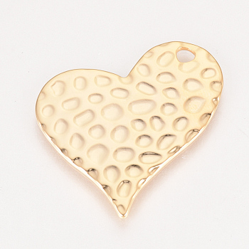 Hammered Brass Pendants, Nickel Free, Real 18K Gold Plated, Heart, 27x30x1mm, Hole: 2.5mm