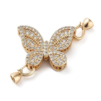 Brass Flod Over Clasps, with Clear Cubic Zirconia, Butterfly, Real 18K Gold Plated, 20x28x8.5mm