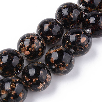 Handmade Gold Sand Lampwork Beads, Inner Flower, Round, Black, 20x19~20mm, Hole: 2mm, about 20pcs/strand, 14.96 inch(38cm)