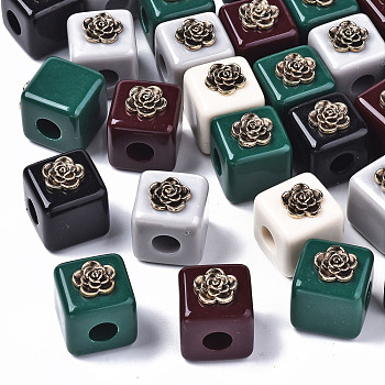 Resin European Beads, with Antique Golden Plated Alloy Findings, Large Hole Beads, Cadmium Free & Lead Free, Cube with Flower, Mixed Color, 22.5x19.5x19.5mm, Hole: 6mm