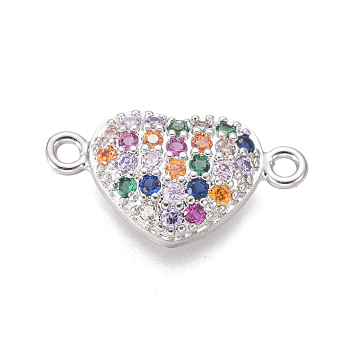 Brass Micro Pave Cubic Zirconia Links connectors, Heart, Colorful, Platinum, 10x18x3mm, Hole: 1.4mm