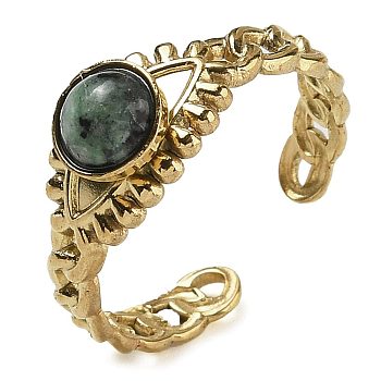 Natural African Turquoise(Jasper) Finger Rings, Eye 304 Stainless Steel Open Cuff Rings, Real 18K Gold Plated, 8mm, Adjustable