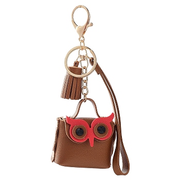 Women's Lady Owl Mini Coin Purse PU Leather Keychain with Tassel, for Key Bag Car Pendant Decoration, Chocolate, 6.4x5.7cm