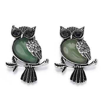Natural Green Aventurine Pendants, Antique Silver Plated Owl Charms with Blak Glass, Owl, 45x33.5x19mm, Hole: 8x9.5mm