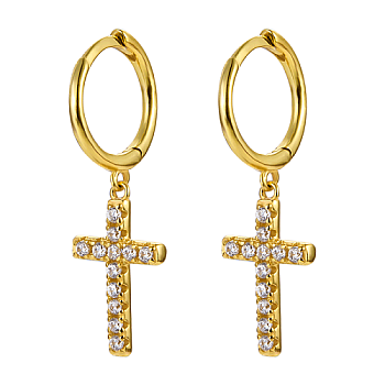 925 Sterling Silver Micro Pave Cubic Zirconia Dangle Hoop Earrings, Cross, Real 16K Gold Plated, 27x8.5mm