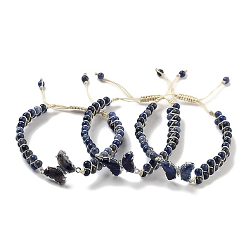 Natural Sodalite Braided Round Bead Bracelets, Adjustable Brass Gems Butterfly Bracelets for Women, Inner Diameter: 2-1/8~3-1/4 inch(5.5~8.1cm)