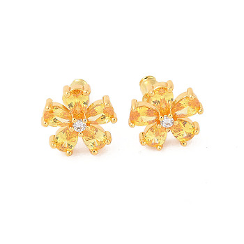 Rack Plating Brass Micro Pave Cubic Zirconia Stud Earrings, Long-lasting Plated, Flower, Golden, Gold, 14x14mm