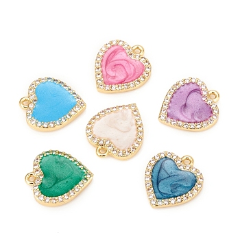 Brass Micro Pave Cubic Zirconia Charms, with Enamel, Heart, Mixed Color, Golden, 13.5x11.5x2mm, Hole: 1mm
