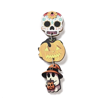 Halloween Theme Wood Big Pendants, Printed Wooden Tassel Charms, with Iron Findings, Skull, 64x20x3mm, Hole: 1.4mm