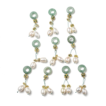Natural Green Aventurine Donut Pendants, Brass Flower Charms with Natural Freshwater Pearl Tassel, Real 14K Gold Plated, 44mm, Donut: 12x3.5mm, Hole: 6mm