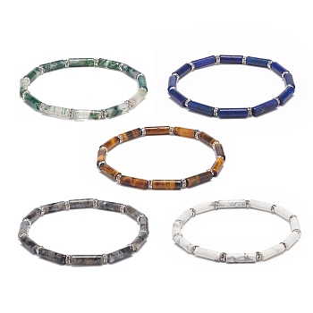5Pcs 5 Style Natural Mixed Gemstone Column Beaded Stretch Bracelets Set for Women, Inner Diameter: 2-1/4 inch(5.6~5.8cm), 1Pc/style