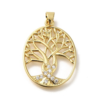 Rack Plating Brass with Cubic Zirconia Pendants, Long-Lasting Plated, Lead Free & Cadmium Free, Tree of Life Charms, Real 18K Gold Plated, 28x21x2.5mm, Hole: 4x3.5mm