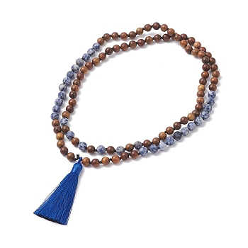 Natural Blue Spot Jasper & Wood Buddhist Necklace, Polyester Tassel Lariat Necklace for Women, Blue, 40.94 inch(104cm)