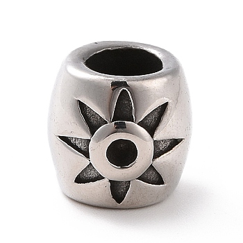 304 Stainless Steel European Beads, Large Hole Beads, Drum with Flower, Antique Silver, 9x10mm, Hole: 5mm