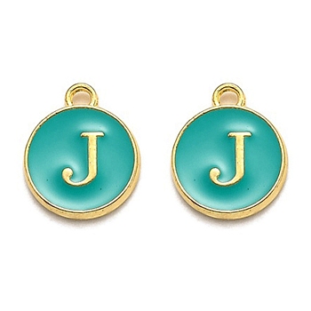 Golden Plated Alloy Enamel Charms, Enamelled Sequins, Flat Round with Alphabet, Letter.J, Green, 14x12x2mm, Hole: 1.5mm