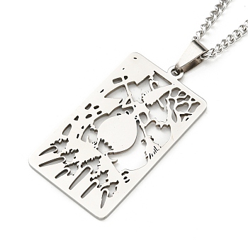 Non-Tarnish 304 Stainless Steel Pendant Necklaces, with Curb Chain, Rectangle with Tarot, Stainless Steel Color, 23.35~23.50 inch(59.3~59.7cm)