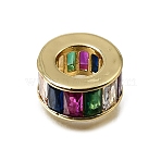 Brass Pave Cubic Zirconia European Beads, Large Hole Beads, Flat Round, Cadmium Free & Lead Free, Rack Plating, Long-Lasting Plated, Real 18K Gold Plated, Colorful, 12x6.5mm, Hole: 6mm(KK-C262-14G-02)