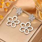 304 Stainless Steel & Crystal Rhinestone Stud Dangle Earrings, Flower, Stainless Steel Color, 35x20mm(WG71F23-02)