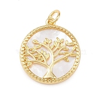 Natural White Shell Pendants, Flat Round with Tree Charms, with Brass Findings, Cadmium Free & Lead Free, Rack Plating, Long-Lasting Plated, Real 18K Gold Plated, 20x18x2.5mm, Hole: 3mm(KK-P339-03G)