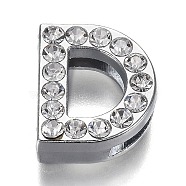 Alloy Letter Slide Charms, with Crystal Rhinestone, Cadmium Free & Lead Free, Platinum, Letter.D, 20x16.5x7mm, Hole: 2.5x18mm(RB-F034-01D-P-RS)
