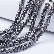 Electroplate Transparent Glass Beads Strands, Half Plated, Faceted, Rondelle, Black Plated, 4x3mm, Hole: 0.4mm, about 123~127pcs/strand, 16.5~16.9 inch(42~43cm)(EGLA-A034-T4mm-Z05)