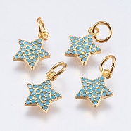 Brass Micro Pave Cubic Zirconia Charms, Cadmium Free & Lead Free, Star, Real 18K Gold Plated, 11x8.5x1mm, Hole: 3mm(X-RB-I077-21G-RS)