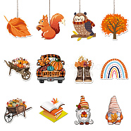 Autumn Theme Wooden Pendant Decorations, Jute Cord Hanging Ornaments, Mixed Shapes, Mixed Shapes, 60~100x60~100mm, Hole: 3mm, 12style, 3pcs/style, 36pcs/set(WOOD-WH0037-007)