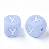 Food Grade Eco-Friendly Silicone Beads, Horizontal Hole, Chewing Beads For Teethers, DIY Nursing Necklaces Making, Letter Style, Cube, Light Sky Blue, Letter.Y, 10x10x10mm, Hole: 2mm(X-SIL-R011-10mm-02Y)