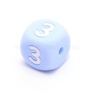 Silicone Beads, for Bracelet or Necklace Making, Arabic Numerals Style, Light Sky Blue Cube, Num.3, 10x10x10mm, Hole: 2mm(SIL-TAC001-02C-3)