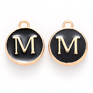 Golden Plated Alloy Charms, Cadmium Free & Lead Free, with Enamel, Enamelled Sequins, Flat Round with Letter, Black, Letter.M, 14x12x2mm, Hole: 1.5mm(X-ENAM-S118-02M)