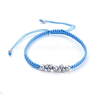 Adjustable Nylon Thread Braided Bead Bracelets, with Brass Round Beads, Light Sky Blue, Inner Diameter: 2-1/8 inch~3-1/2 inch(5.4~9cm)(BJEW-JB05289-02)