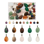 40Pcs 20 Style Natural & Synthetic Gemstone Pendants, with Platinum Brass Findings, Teardrop & Round, 2pcs/style(G-PJ0001-01)