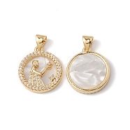 Rack Plating Brass Shell Pendants, with Cubic Zirconia & Natural Shell, Flat Round with Constellation Charms, Cadmium Free & Lead Free, Long-Lasting Plated, Real 18K Gold Plated, Virgo, 19x16x3mm, Hole: 4x3.5mm(KK-D087-25G-06)