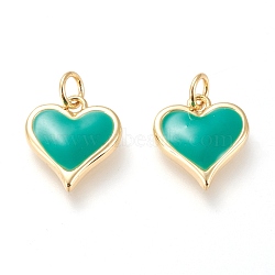 Real 18K Gold Plated Brass Charms, with Enamel and Jump Rings, Long-Lasting Plated, Heart, Green, 14x13x2.8mm, Jump Ring: 5x1mm, 3mm Inner Diameter(KK-L006-019B)