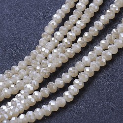 Electroplate Glass Beads Strands, Imitation Jade, Full Rainbow Plated, Faceted, Rondelle, Blanched Almond, 4x3mm, Hole: 0.4mm, about 123~127pcs/strand, 16.5~16.9 inch(42~43cm)(EGLA-A034-J4mm-Y03)