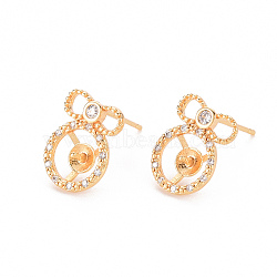 Brass Micro Pave Clear Cubic Zirconia Earring Findings, for Half Drilled Beads, Nickel Free, Real 18K Gold Plated, 13x10mm, Pin: 0.8mm, Pin: 1mm(for Half Drilled Beads)(KK-T062-218G-NF)