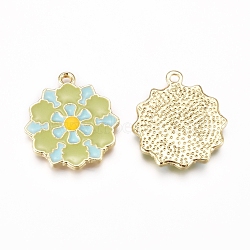 Alloy Enamel Pendants, Baroque Style, Flat Round with Flower, Green, Golden, 23x20x2mm, Hole: 1.6mm(ENAM-E568-12G)