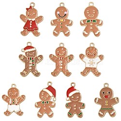 10Pcs 10 Styles Christmas Theme Alloy Enamel Pendants, Gingerbread Man Charm, Light Gold, Camel, 23~27x14.5~17x1.5~2mm, Hole: 1.6~1.8mm, 1pc/style(ENAM-FS0003-79)