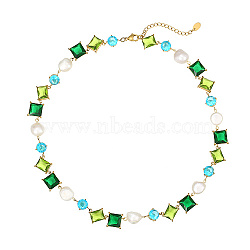 Stainless Steel Rectangle & Imitation Pearl Link Chain Necklaces, Green, 16.54 inch(42cm)(WX8117-1)