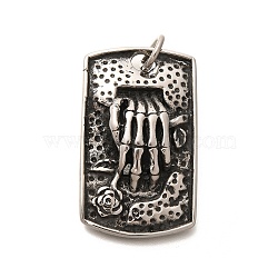 304 Stainless Steel Pendants, with Jump Ring, Rectangle with Hand Bone Pattern, Antique Silver, 41.5x25x8mm, Hole: 6mm(STAS-Z110-33AS)